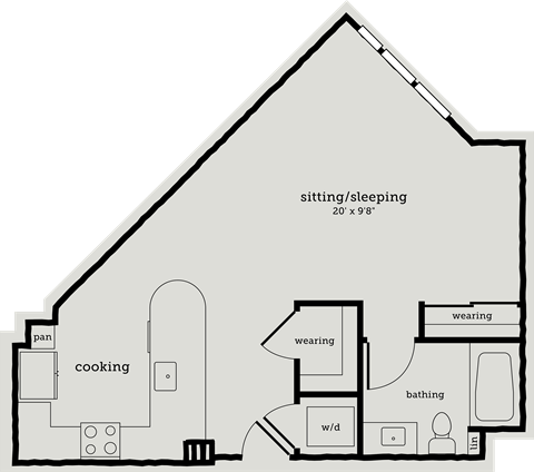 Floor plan for studio, 1 bath, 599 sqft